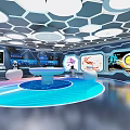Modern Tech Exhibition Hall With Hexagonal Ceiling Blue Floor White Podiums And Screens