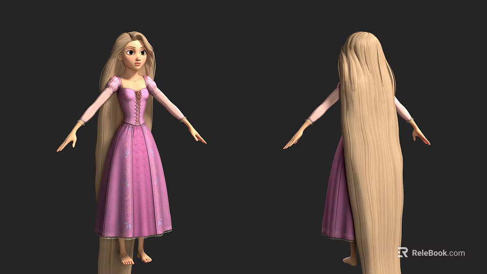 Long Haired Princess In Purple Dress With Flowing Golden Hair 3d model 