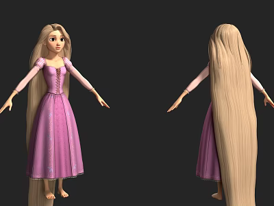 Long Haired Princess In Purple Dress With Flowing Golden Hair 3d model