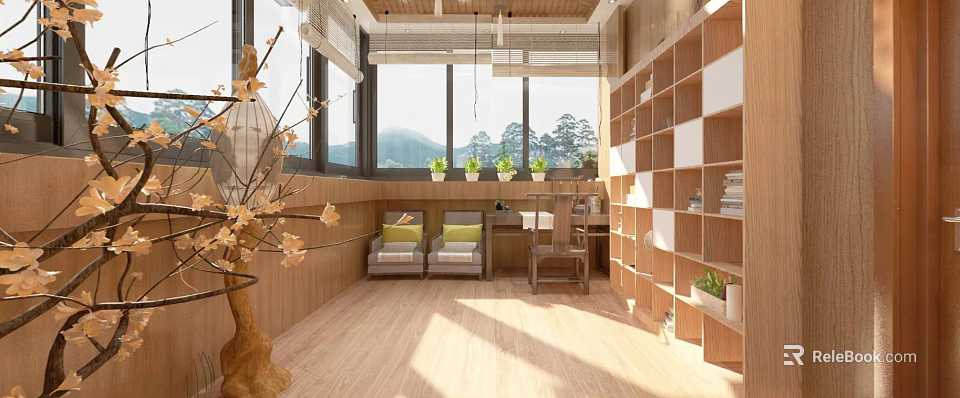 Home Balcony Featuring Wooden Walls Large Windows Mountain View Potted Plants Bookshelves And Comfortable Seating 3d model 