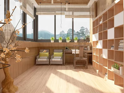 Home Balcony Featuring Wooden Walls Large Windows Mountain View Potted Plants Bookshelves And Comfortable Seating 3d model