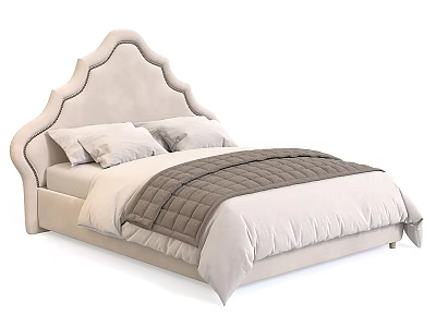 Modern Upholstered Double Bed With Curved Headboard Light Beige Pillows And Gray Quilted Blanket 3d model