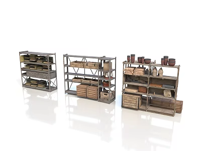 Three Industrial Storage Shelves With Wooden Crates Dishes And Bottles 3d model