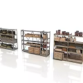 Three Industrial Storage Shelves With Wooden Crates Dishes And Bottles
