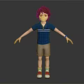 3D Boy Character With Brown Hair Blue Striped Polo Brown Shorts Red Socks Outstretched Arms
