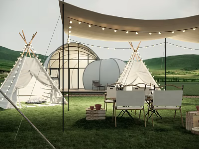 Scenic Outdoor Glamping Campsite With White Tipis Transparent Dome String Lights And Chairs 3d model