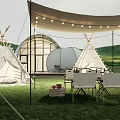 Scenic Outdoor Glamping Campsite With White Tipis Transparent Dome String Lights And Chairs