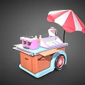 Colorful Food Cart With Red And White Striped Umbrella And Pastel Kitchen Tools