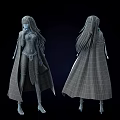 Female Game Character With Black Cloak Gold Trim Long Black Hair Front Back View