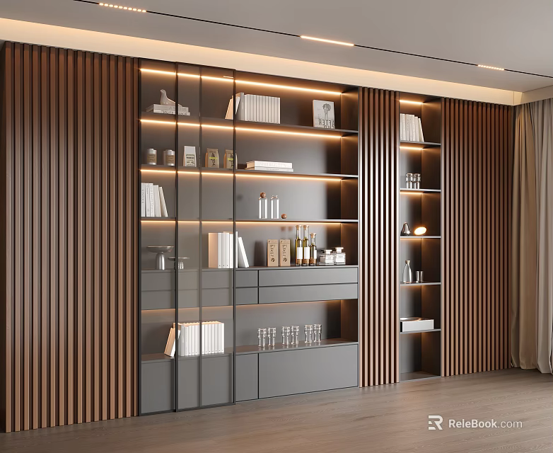 Modern Luxury Bookcase With Wooden Background Glass Doors LED Strip Lights And Decorative Books 3d model 