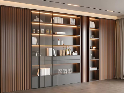 Modern Luxury Bookcase With Wooden Background Glass Doors LED Strip Lights And Decorative Books 3d model