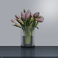 Transparent Glass Vase With Pink Tulips Green Leaves And Water On Smooth Surface