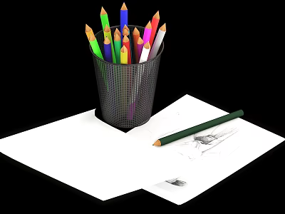Vibrant Colored Pencils in Metal Mesh Holder with Sketch Paper and Green Pencil 3d model