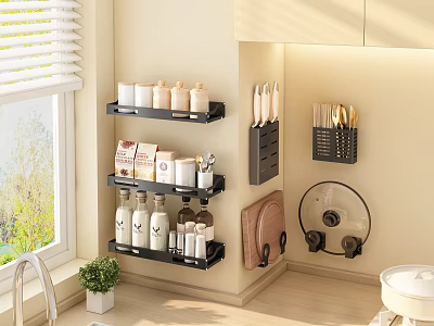Wall Mounted Kitchen Utensil Set Storage With Racks Bottles Jars And Organized Arrangement 3d model