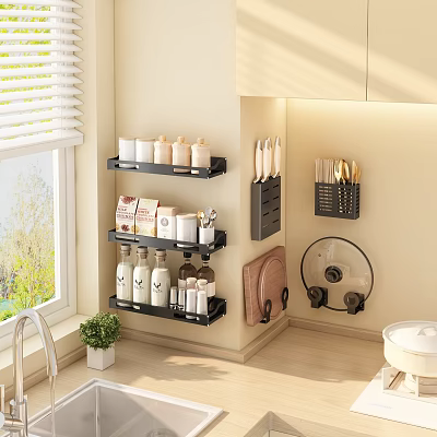 Wall Mounted Kitchen Utensil Set Storage With Racks Bottles Jars And Organized Arrangement 3d model