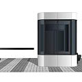 Modern White Booth Structure With Glass Door And Black Equipment On Gray Tiled Floor