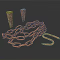 Rusty Metal Chain With Two Conical Stakes Coiled On White Surface
