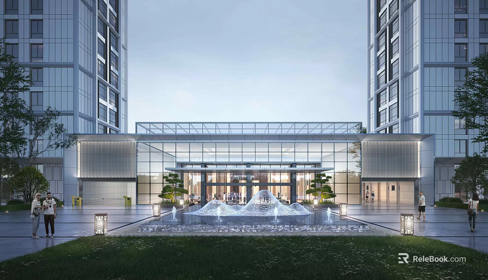 Modern Glass Entrance Gate With Central Fountain And High Rise Buildings In Landscaped Garden 3d model 