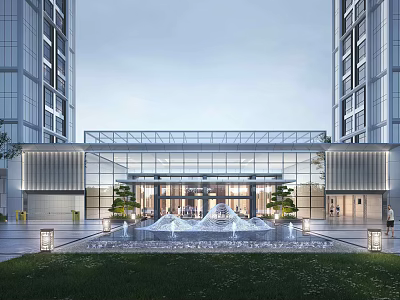 Modern Glass Entrance Gate With Central Fountain And High Rise Buildings In Landscaped Garden 3d model