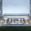 Modern Glass Entrance Gate With Central Fountain And High Rise Buildings In Landscaped Garden