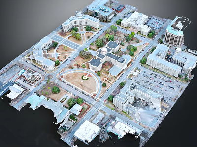 Detailed Aerial View Of Campus Building Complex With Central Plaza Green Spaces And Roads 3d model