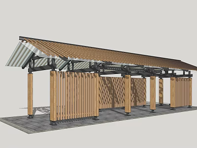 Wooden Pergola Structure With Roofed Design And Lattice Panels On Columns 3d model