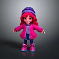 3D Game Animation Character with Red Hair Purple Hat Pink Jacket Blue Shirt and Pink Shoes