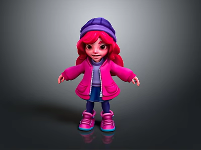 3D Game Animation Character with Red Hair Purple Hat Pink Jacket Blue Shirt and Pink Shoes 3d model
