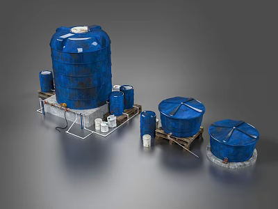 Blue Water Storage Tanks In Various Sizes With Stands And Pipes Setup 3d model