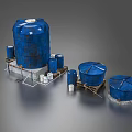 Blue Water Storage Tanks In Various Sizes With Stands And Pipes Setup 3d model