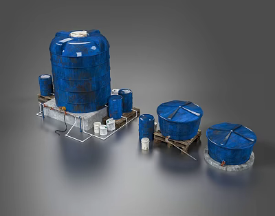 Blue Water Storage Tanks In Various Sizes With Stands And Pipes Setup 3d model