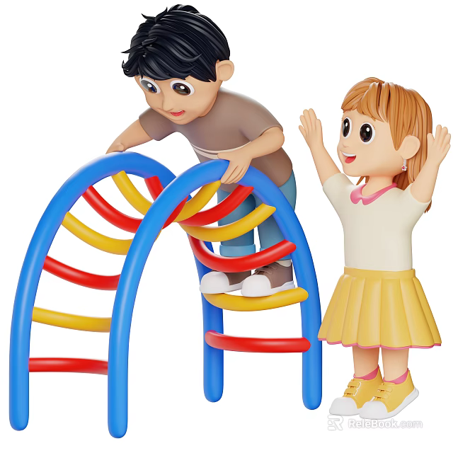 Cartoon Game Characters Boy Climbing Colorful Arch Ladder And Girl Raising Hands 3d model 