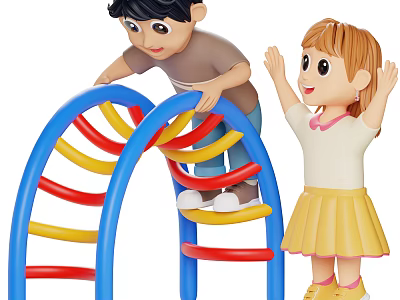 Cartoon Game Characters Boy Climbing Colorful Arch Ladder And Girl Raising Hands 3d model