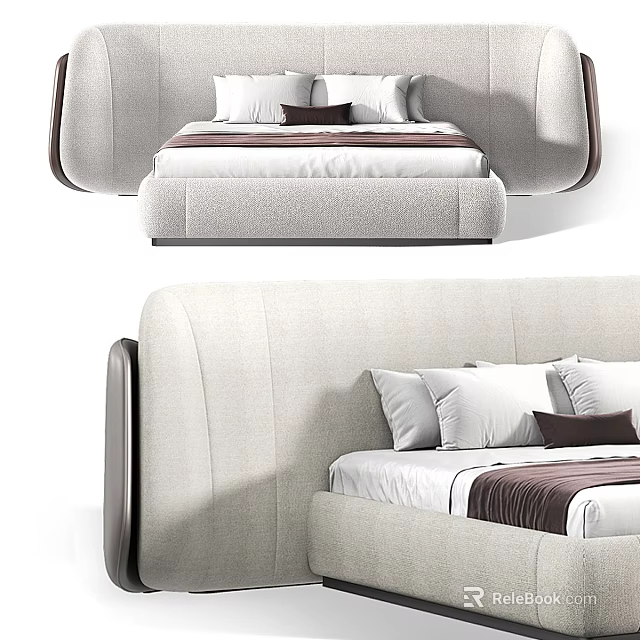 Modern Double Bed With Upholstered Headboard Light Fabric And Decorative Pillows 3d model