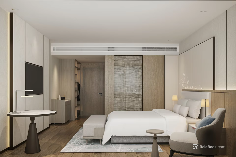 Modern Hotel Room Interior With King Bed Armchair TV And Wooden Flooring 3d model 