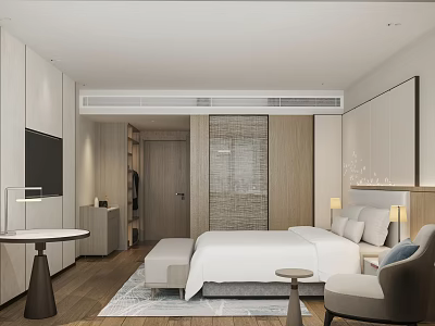 Modern Hotel Room Interior With King Bed Armchair TV And Wooden Flooring 3d model