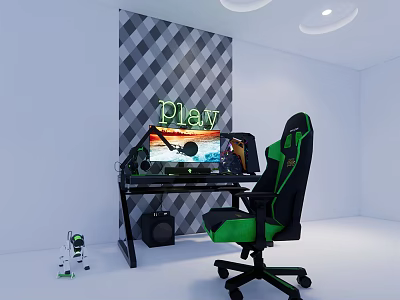 Functional Gaming Desk Setup with Play Neon Sign Computer Monitor and Green Chair 3d model