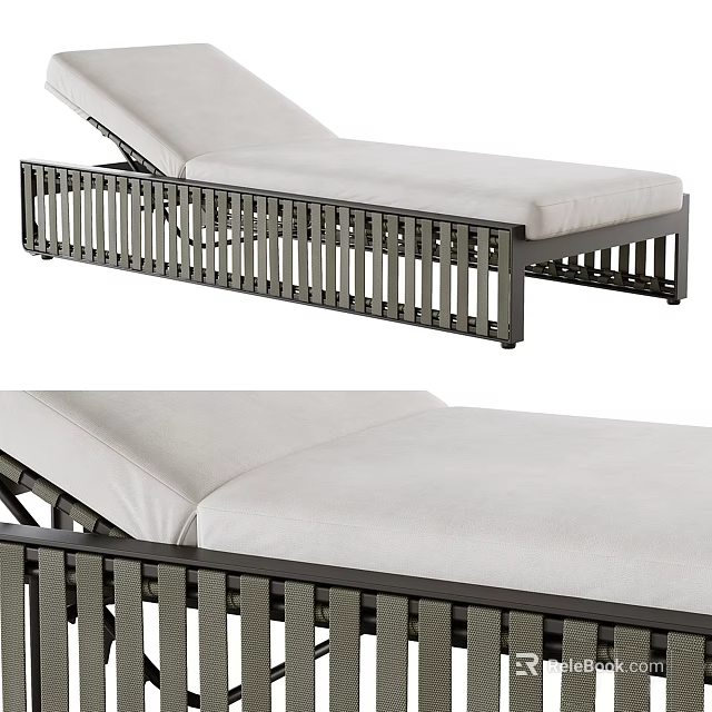 Outdoor Modern Lounge Chair With Slatted Metal Frame And White Padded Cushion 3d model 