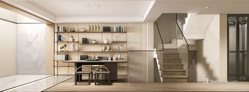Modern Basement Interior With Shelves Books Decorative Items Wooden Table Chairs And Glass Railing Staircase 3d model 