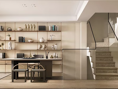 Modern Basement Interior With Shelves Books Decorative Items Wooden Table Chairs And Glass Railing Staircase 3d model