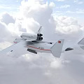 White Passenger Plane Flying In Clouds With Red Stripes And Multiple Engines 3d model