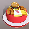Delicious Juicy Burger With Golden Crispy Fries And Tasty Chicken Nuggets In Red Round Container