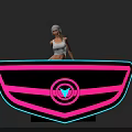 Woman In White Tank Top And Cap Standing By Neon Sign With Pink Blue Shield Symbol