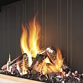 Modern Stone Fireplace Interior Design With Burning Fire And Stacked Firewood