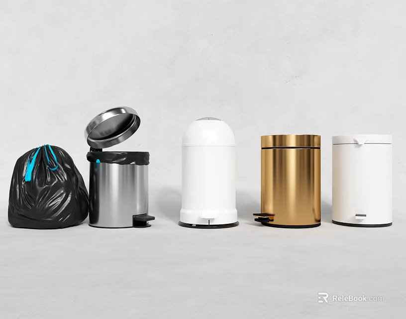 Stylish Public Facility Trash Bins With Open Lid Multiple Colors And Materials 3d model 