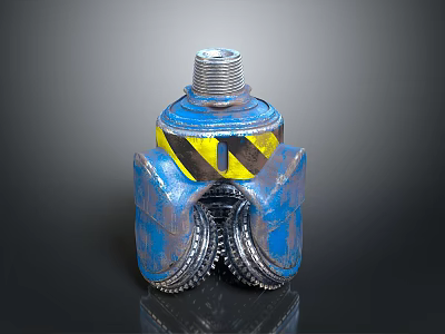 Blue and Yellow Industrial Equipment with Warning Stripes Threaded Top and Gear Like Bottom 3d model