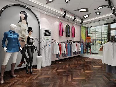 Stylish Clothing Store Interior With Mannequins Hanging Clothes And Herringbone Floor 3d model