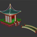 Cartoon Scene With Japanese Style Pavilion Red Base White Walls Green Roof and Red Bridge