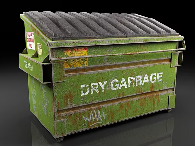 Public Facility Green Dry Garbage Trash Bin With Labels And Graffiti 3d model
