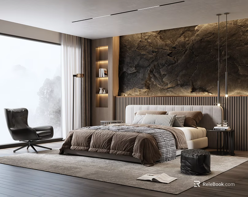 Modern Elegant Bedroom Interior With Marble Wall Comfortable Bed Large Window And Dark Chair 3d model